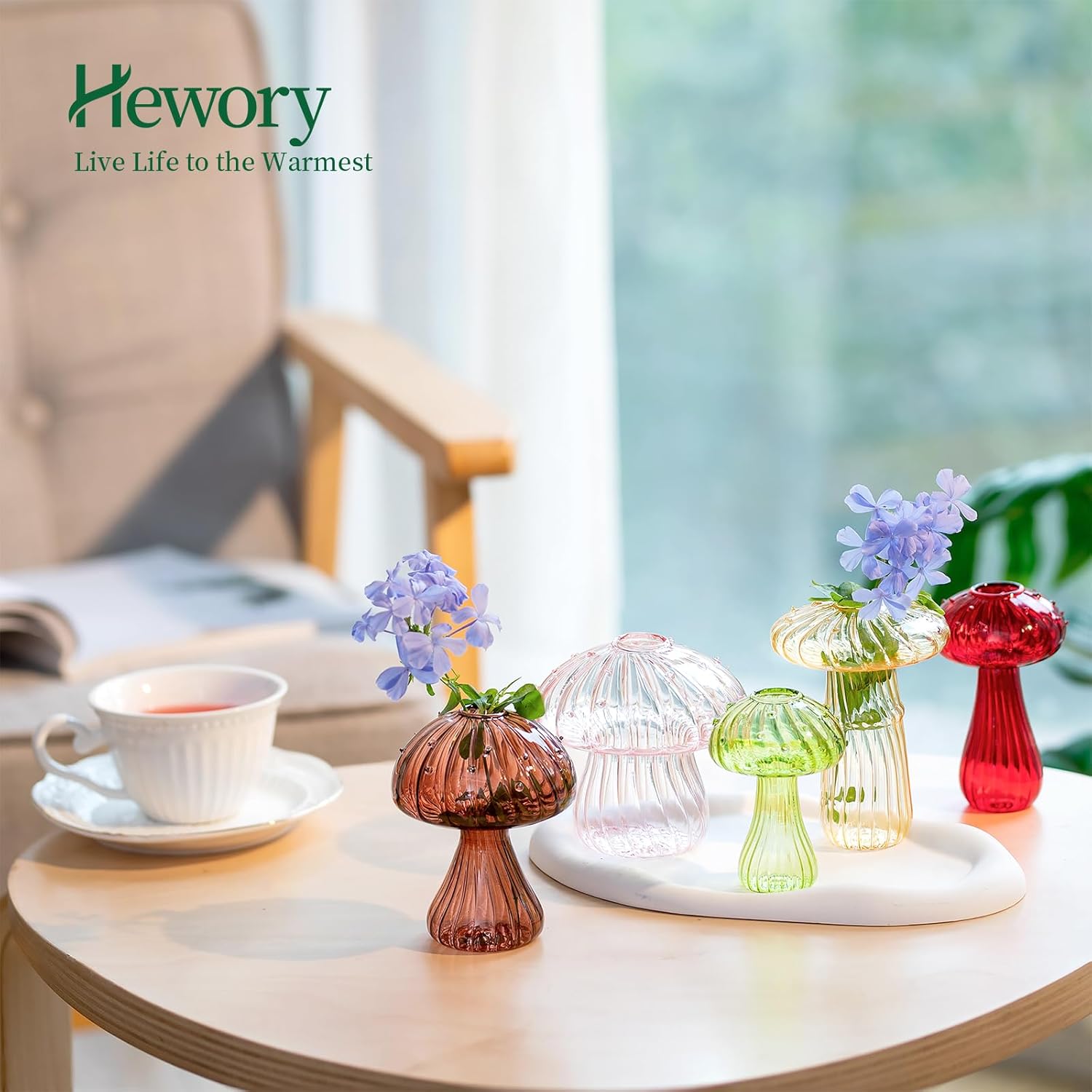 Hewory Jarrón de cristal con forma de hongo para flores, 10 jarrones de flores pequeños de colores únicos, floreros hidropónicos de propagación de