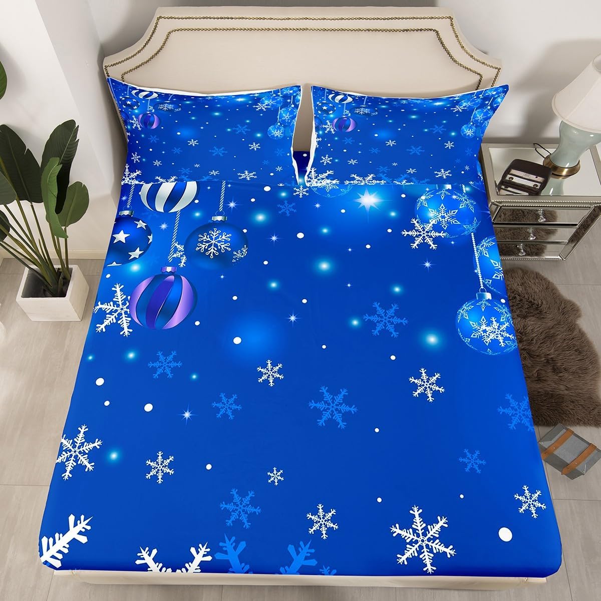 Erosebridal Juego de sábanas con diseño de copo de nieve blanco degradado azul, 4 piezas, sábana bajera ajustable de Feliz Navidad, regalo de Año