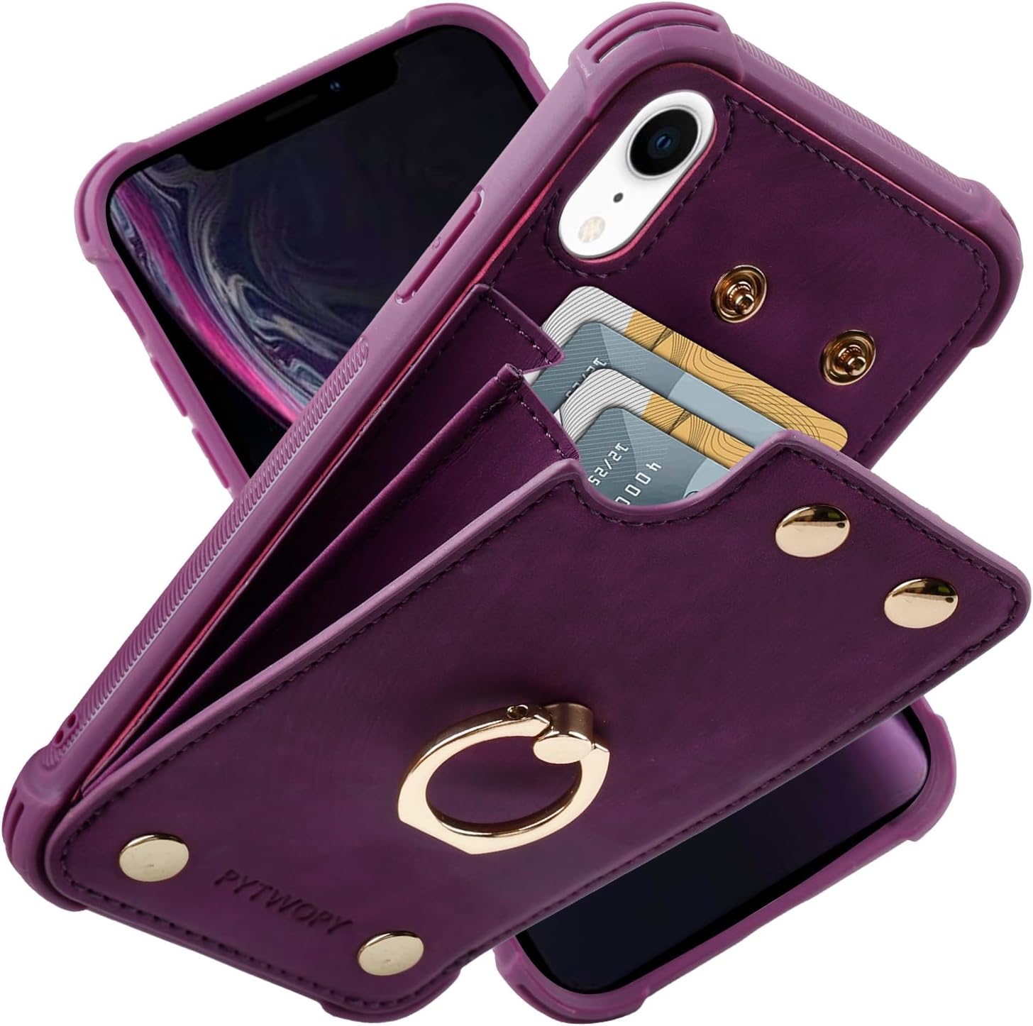 Funda tipo cartera para iPhone XR10R con tarjetero de crédito, funda protectora de cuero a prueba de golpes compatible con anillo de rotación de 360