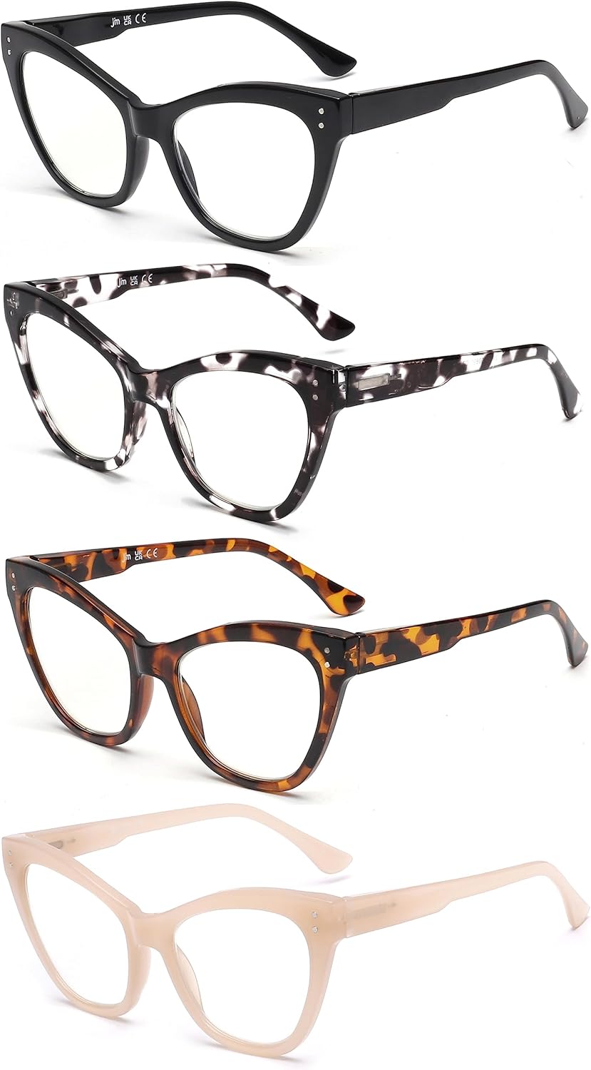JM Paquete de 4 lentes de lectura Cateye con bloqueo de luz azul, lector de computadora para mujeres y hombres, bisagra de resorte