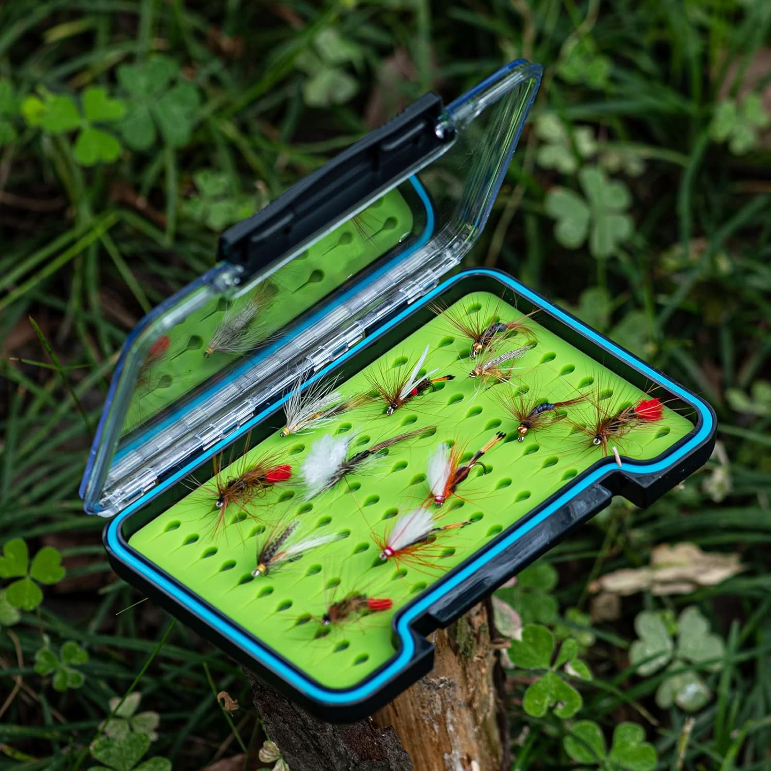 Goture Caja de pesca con mosca de una sola cara, impermeable, almacenamiento de moscas (inserto de silicona-5.51 x 3.82 x 0.67 pulgadas)