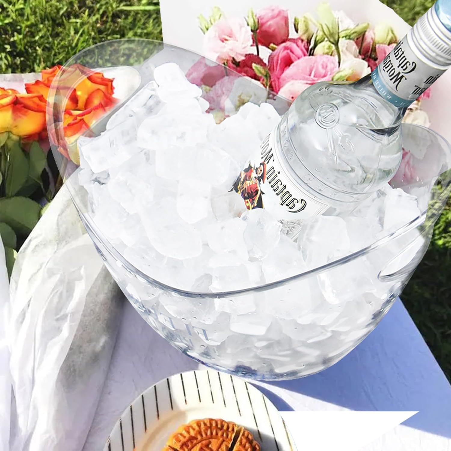 Bonchoice Cubo de hielo de 4 litros y 8 litros, cubeta de bebidas para vino champán para fiestas, tina de hielo acrílico de plástico con cucharas