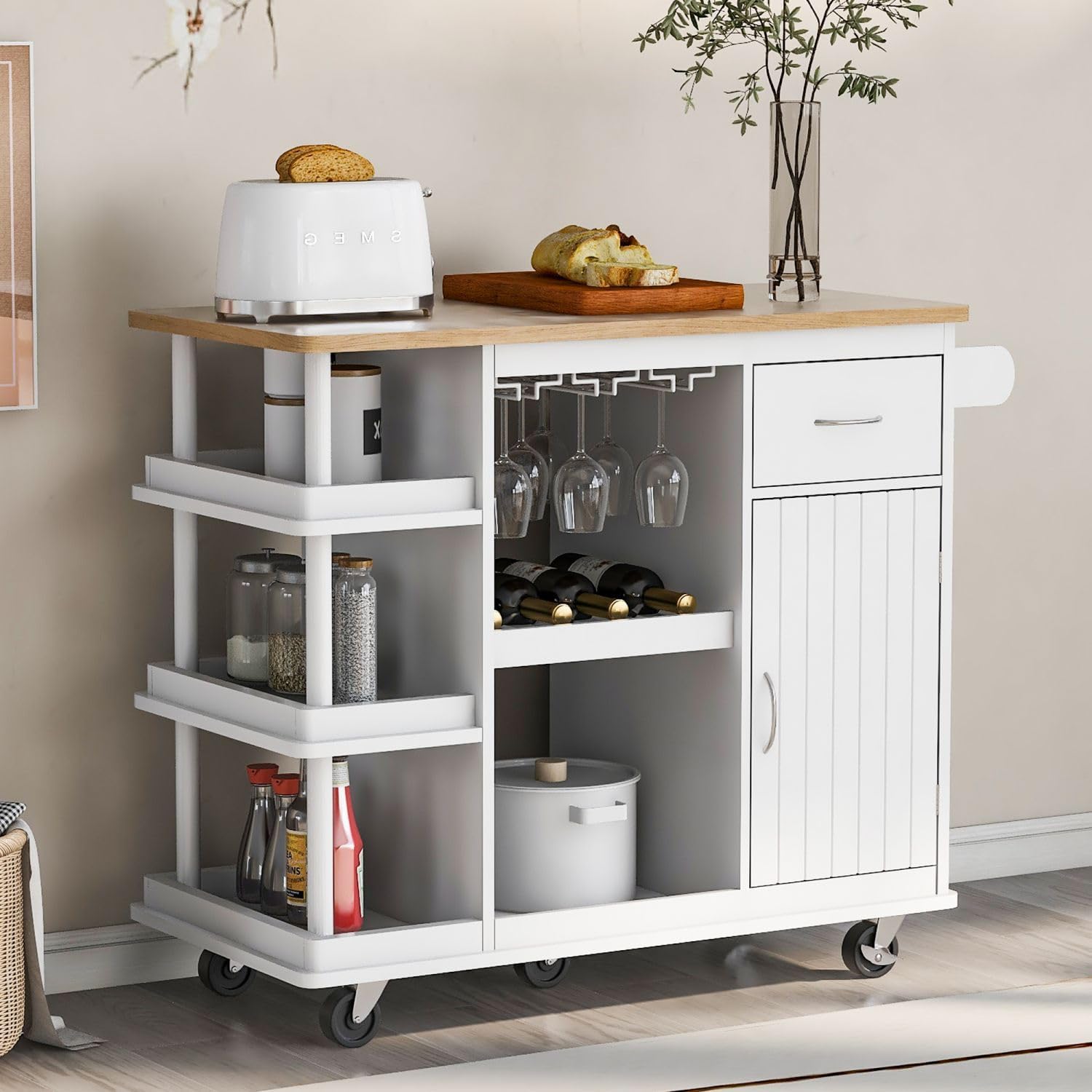 Carrito de cocina rodante con cajones, isla de cocina con estantes de almacenamiento laterales, parte superior de madera de goma, isla de