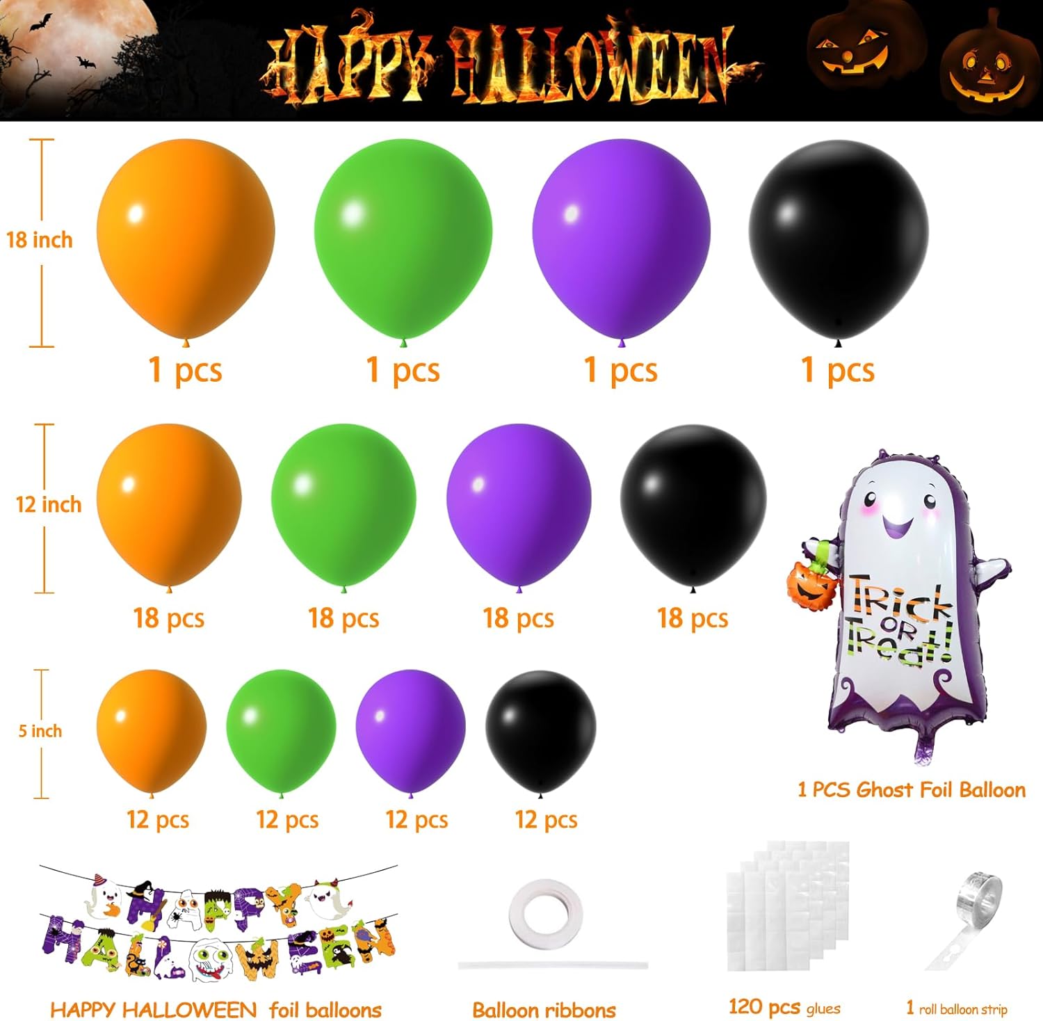 Arco de globos de Halloween, 128 piezas, kit de decoración de fiesta de Halloween con pancarta de Halloween, globos de papel de aluminio fantasma,