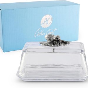 Arthur Court Mantequillera de vidrio con tapa con perilla de bellota, diseño clásico de 2 piezas, tapa y sostiene un palo estándar de mantequilla, Arthur Court Mantequillera de vidrio con tapa con perilla de bellota, diseño clásico de 2 piezas, tapa y sostiene un palo estándar de mantequilla,