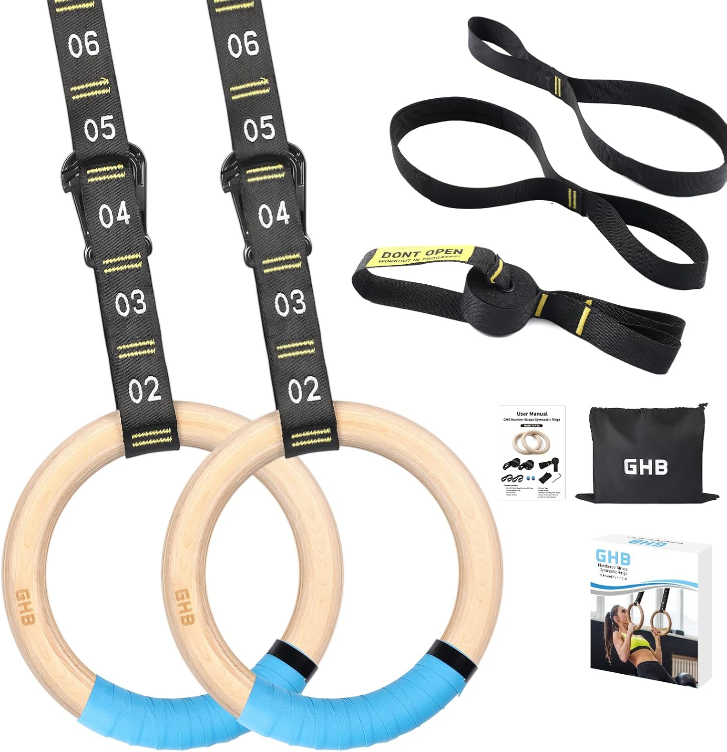 GHB Anillos de gimnasia de madera, anillos de entrenamiento de 1.25 pulgadas, correas numeradas ajustables, juegos de anillos para entrenamiento de