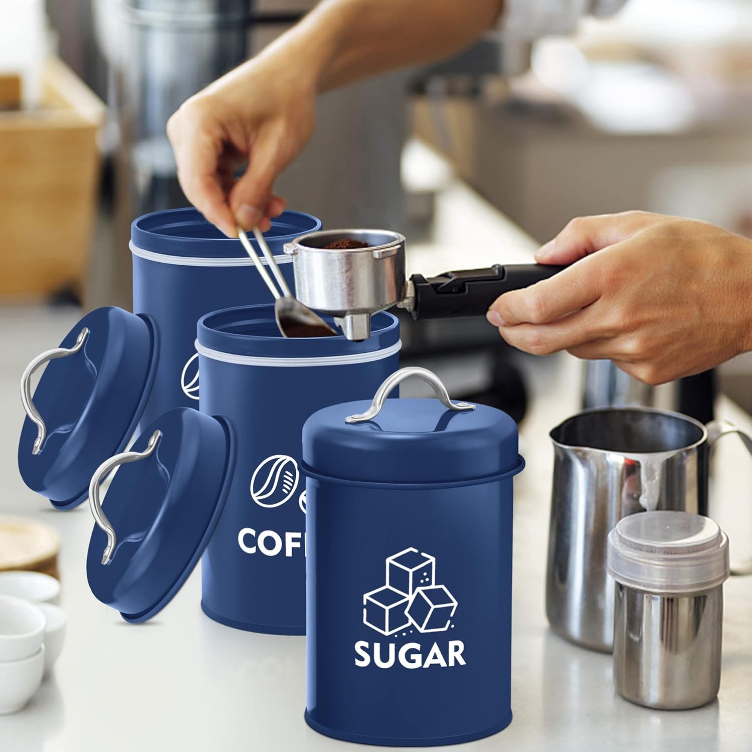E-far Juego de recipientes para encimera de cocina, 3 piezas de metal para té, café, azúcar con tapa hermética para almacenamiento de alimentos,