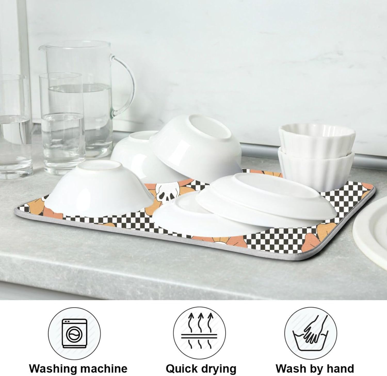 Tapete de secado de platos de calavera floral, lavable, absorbente, tapete de secado para encimera de cocina, tapete de goma para encimera, 16 x 18