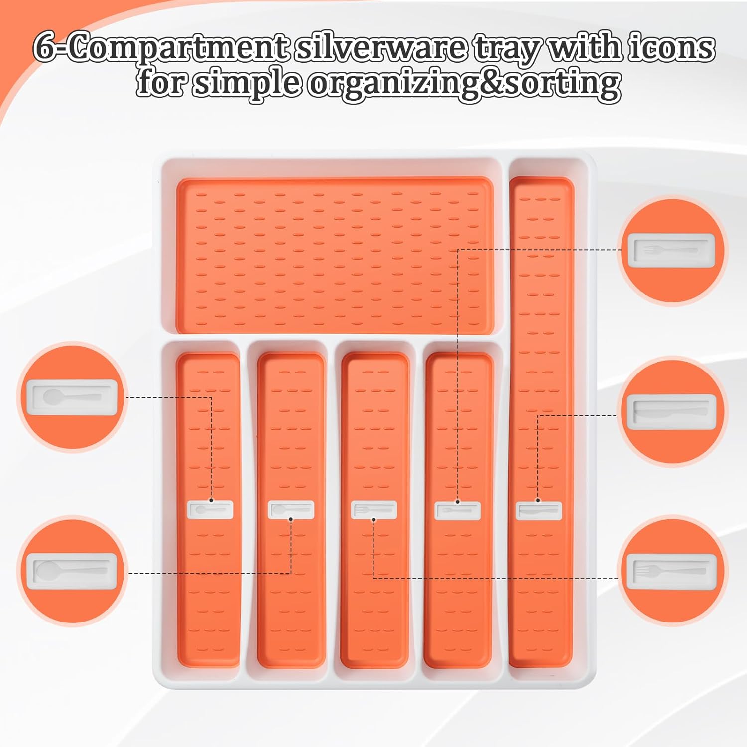CherHome Organizador de cubiertos con iconos de cubiertos, bandeja de cubiertos para cajón de cocina, cubiertos de plástico, organizador de cajones