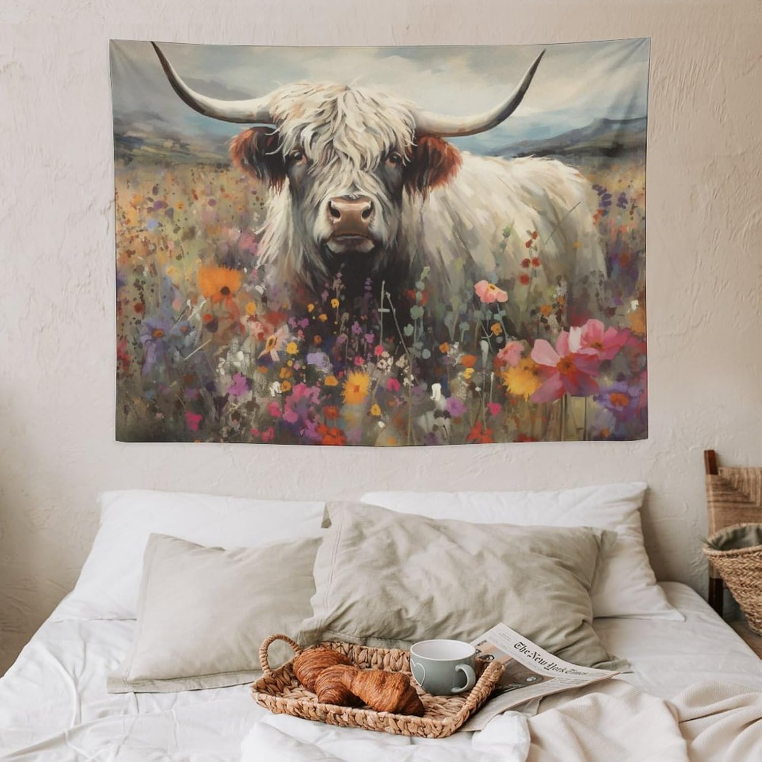 Tapiz para colgar en la pared, decoración de dormitorio, hogar, sala de estar, tapices de arte de pared, animales de las tierras altas, vaca, flor,
