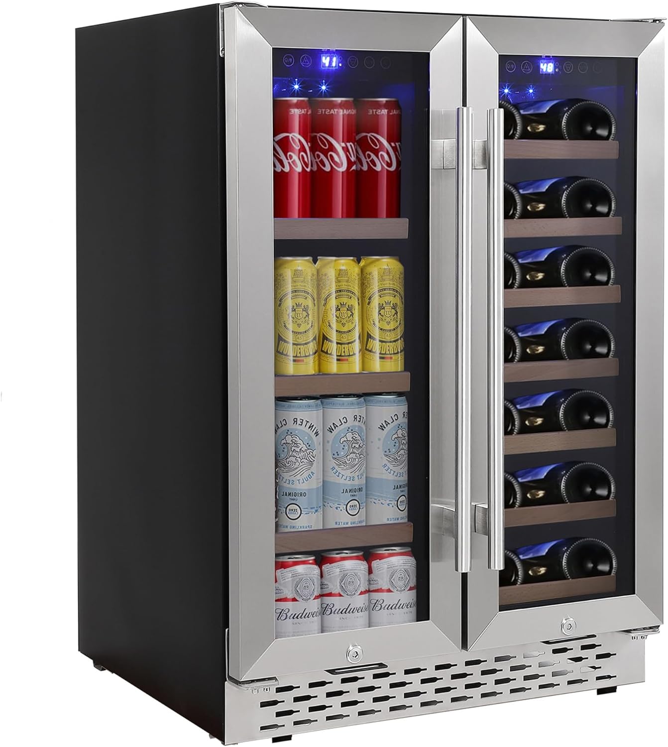Refrigerador de vino y bebidas de 24 pulgadas, enfriador de vino de doble zona con capacidad para 40 botellas, 120 litros integrado e independiente,
