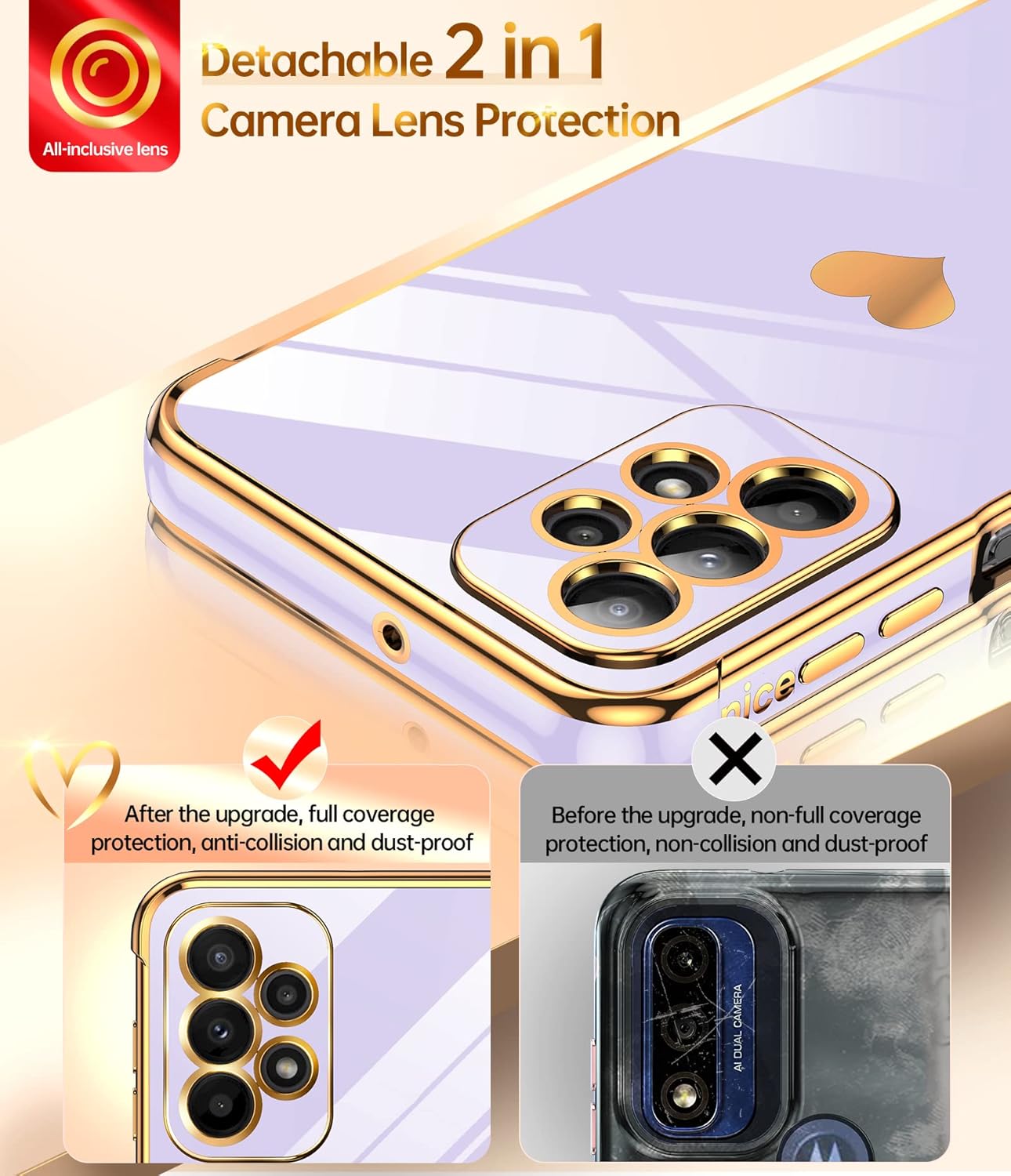 LeYi Funda para Samsung A23 5G con protector de pantalla 2 piezas + protección completa de la cámara, diseño femenino de corazón chapado en corazón,