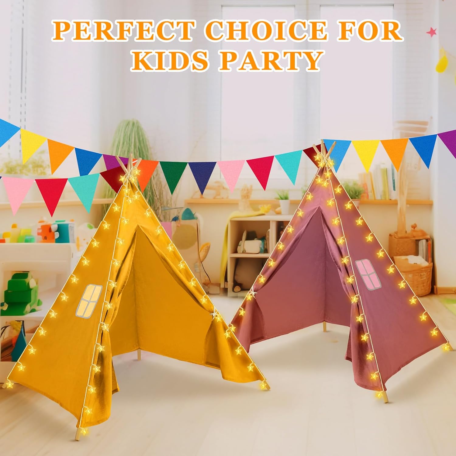 Juego de 6 tiendas de campaña para niños, tienda de campaña para niños con cadena de luces, pancarta, plegable, lavable, tienda de campaña para