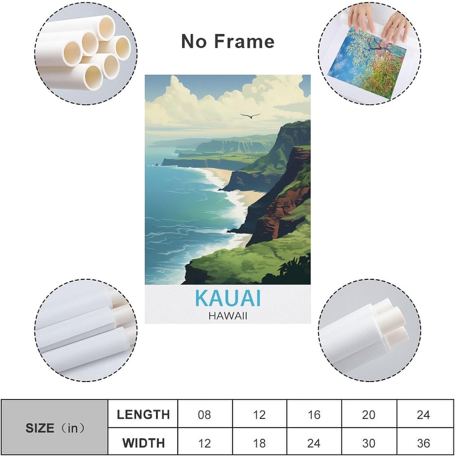 Kauai Hawaii – Pósteres de viaje vintage costeros de 08 x 12 pulgadas (7.9 x 11.8 in) para pared, pintura en lienzo para sala de estar, decoración