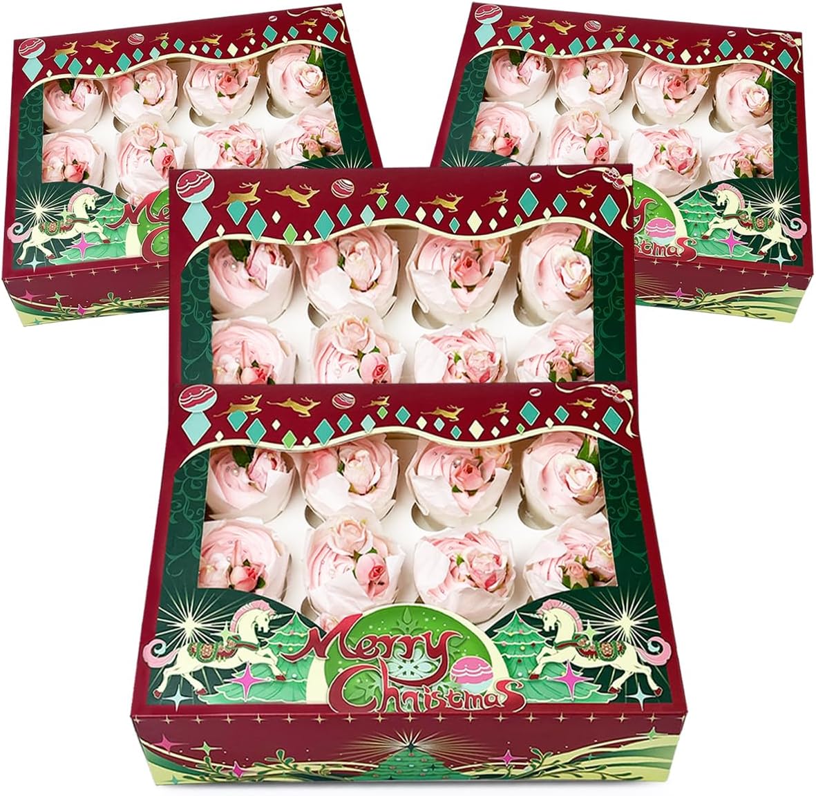 12 recipientes para cupcakes, 16 paquetes de cajas de cupcakes de Navidad, 12 cajas para cupcakes con ventana de 13 x 10 x 3.5 pulgadas