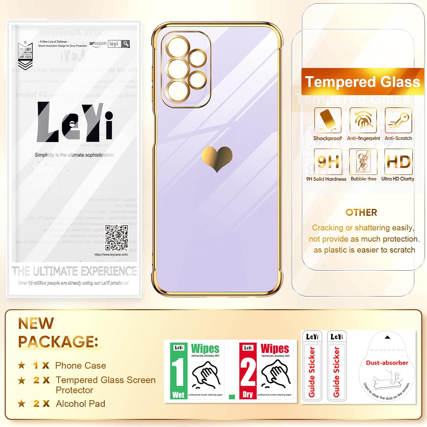 LeYi Funda para Samsung A23 5G con protector de pantalla 2 piezas + protección completa de la cámara, diseño femenino de corazón chapado en corazón,