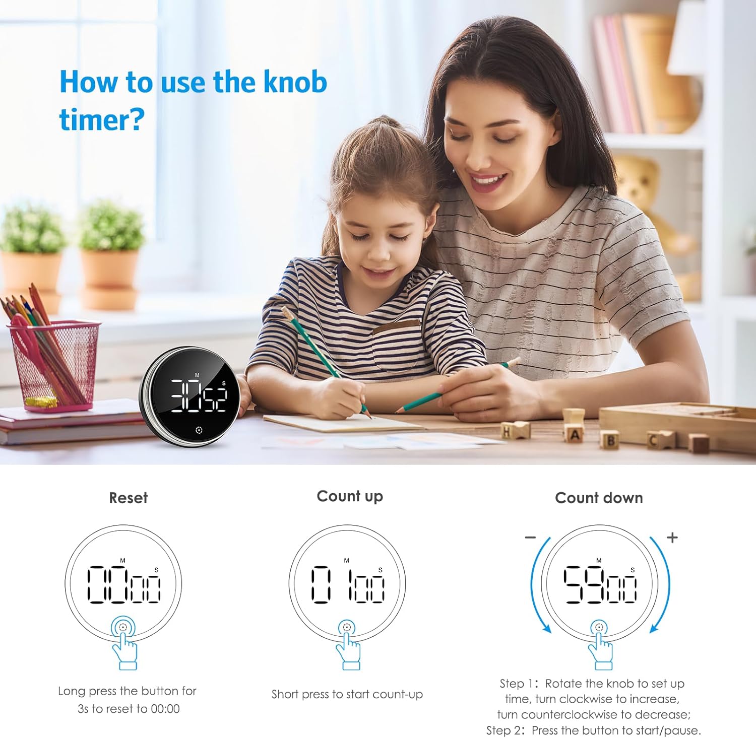 AMIR Temporizadores digitales de cocina, temporizador magnético para cocinar, temporizadores visuales alimentados con batería con pantalla LED