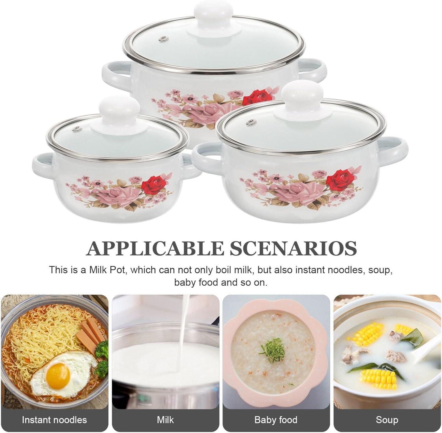 BESTonZON Olla de cocina esmaltada de 3 piezas, olla pequeña con tapa de vidrio, utensilios de cocina vintage con doble mango floral Ramen Bowl para
