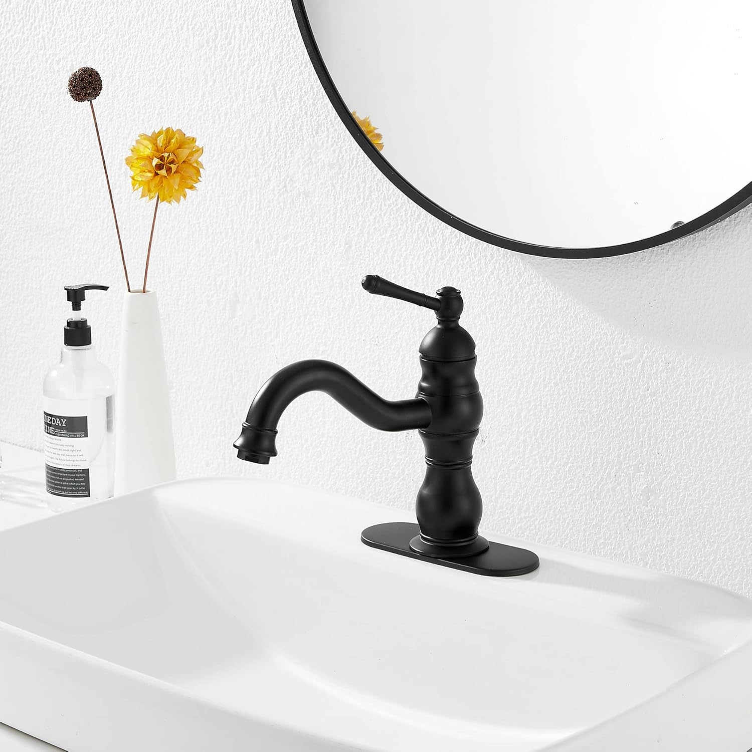GGStudy – Grifo de baño negro mate giratorio de 360, grifo de tocador de baño de una sola manija, un agujero, grifo de lavabo de baño negro a juego