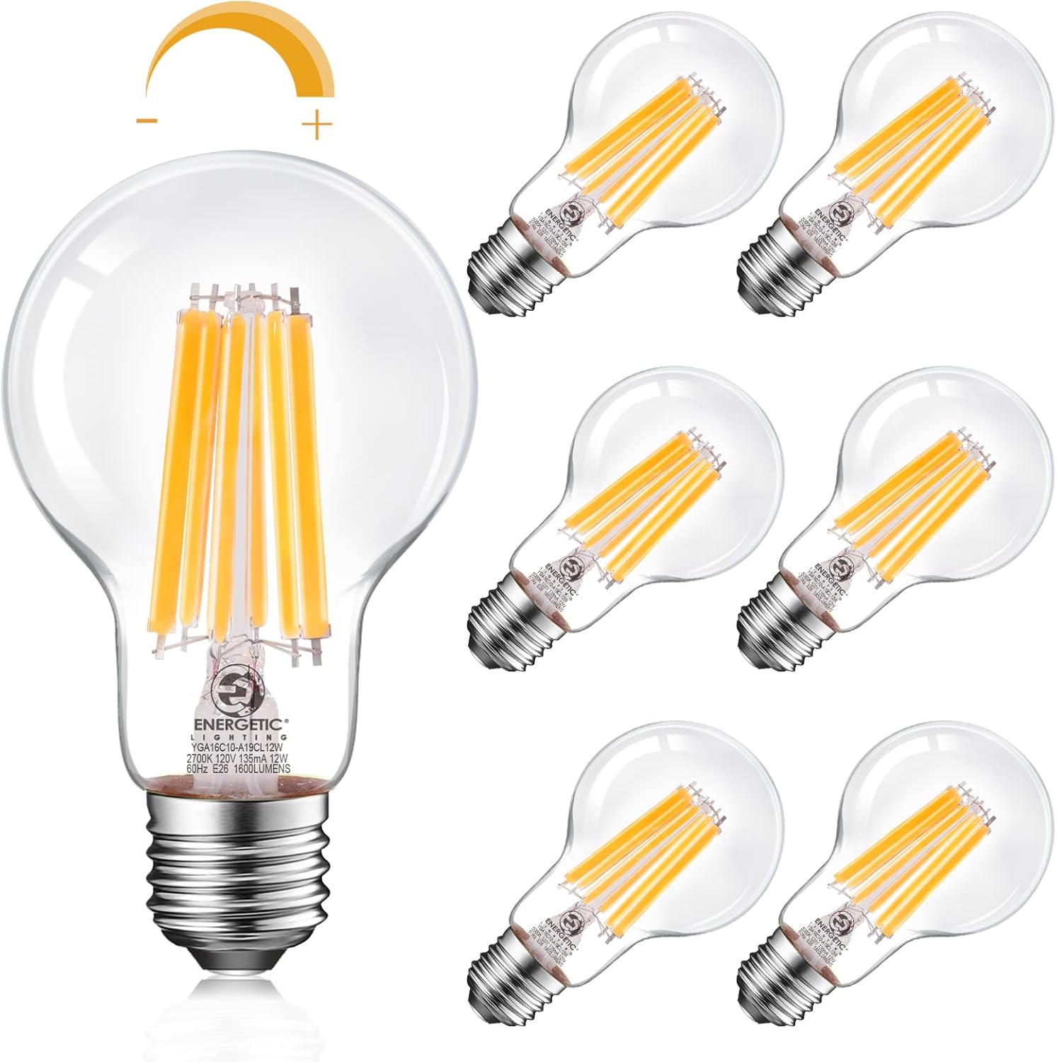 Energetic – Bombilla LED Edison A19 regulable, equivalente a 12 W, 100 W, 1600 lm de alto brillo, 2700 K blanco suave, bombilla de filamento LED
