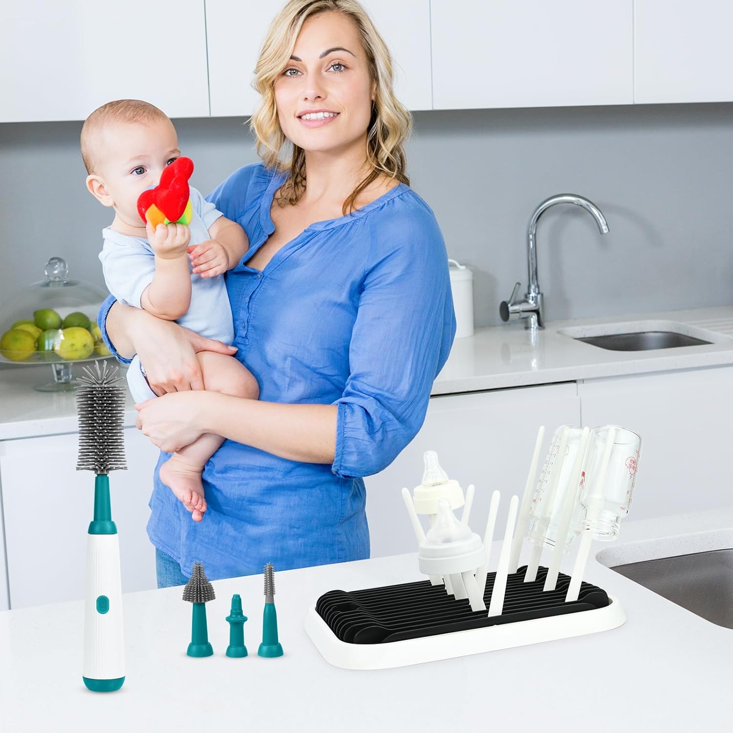 FTUREERA Juego de 6 cepillos eléctricos para botellas, cepillo para biberones, estante de secado de biberones para botellas, impermeable,