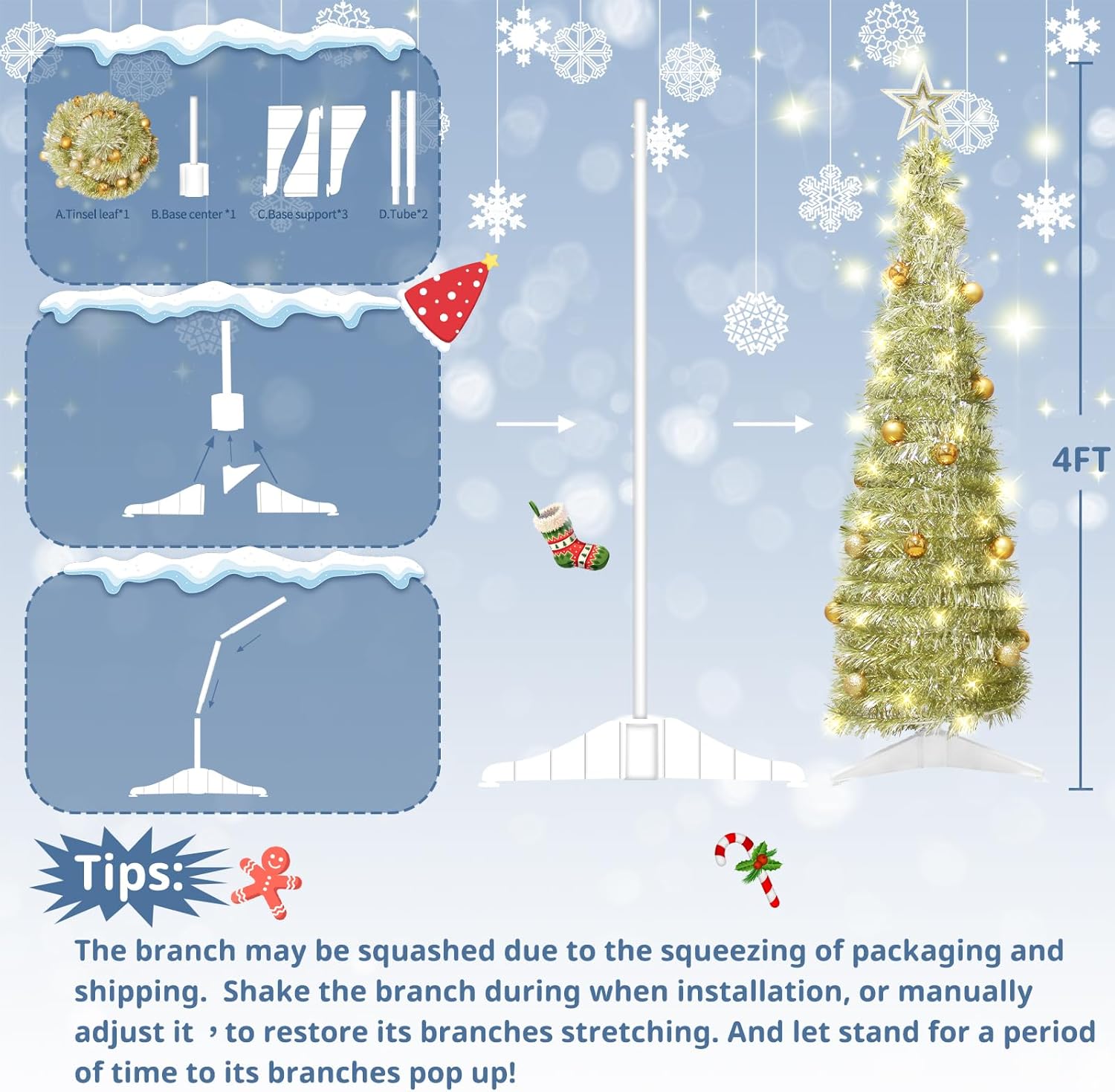 Árbol de Navidad desplegable de 4 pies para decoración de interiores, mini árbol de Navidad preiluminado con 60 luces, árbol de Navidad artificial