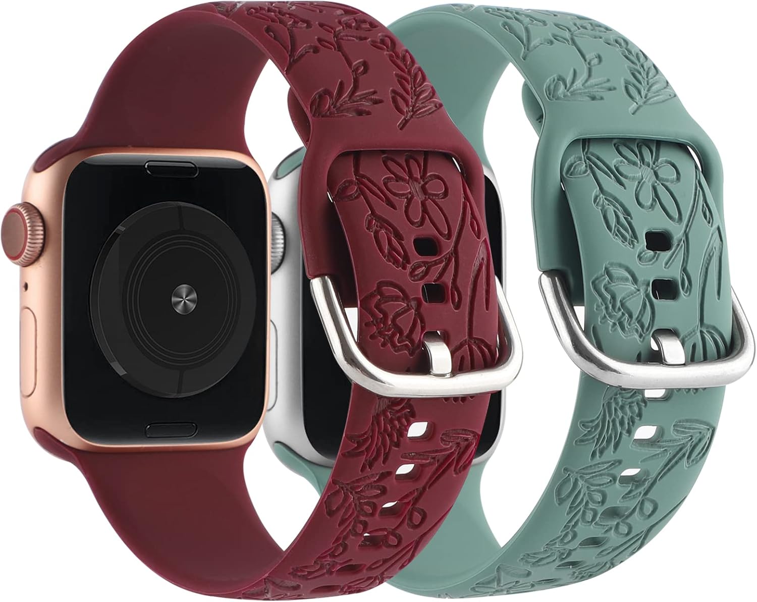 Paquete de 2 correas deportivas grabadas con flores compatibles con correas de Apple Watch de 1.496 pulgadas, 1.575 pulgadas, 1.614 pulgadas,