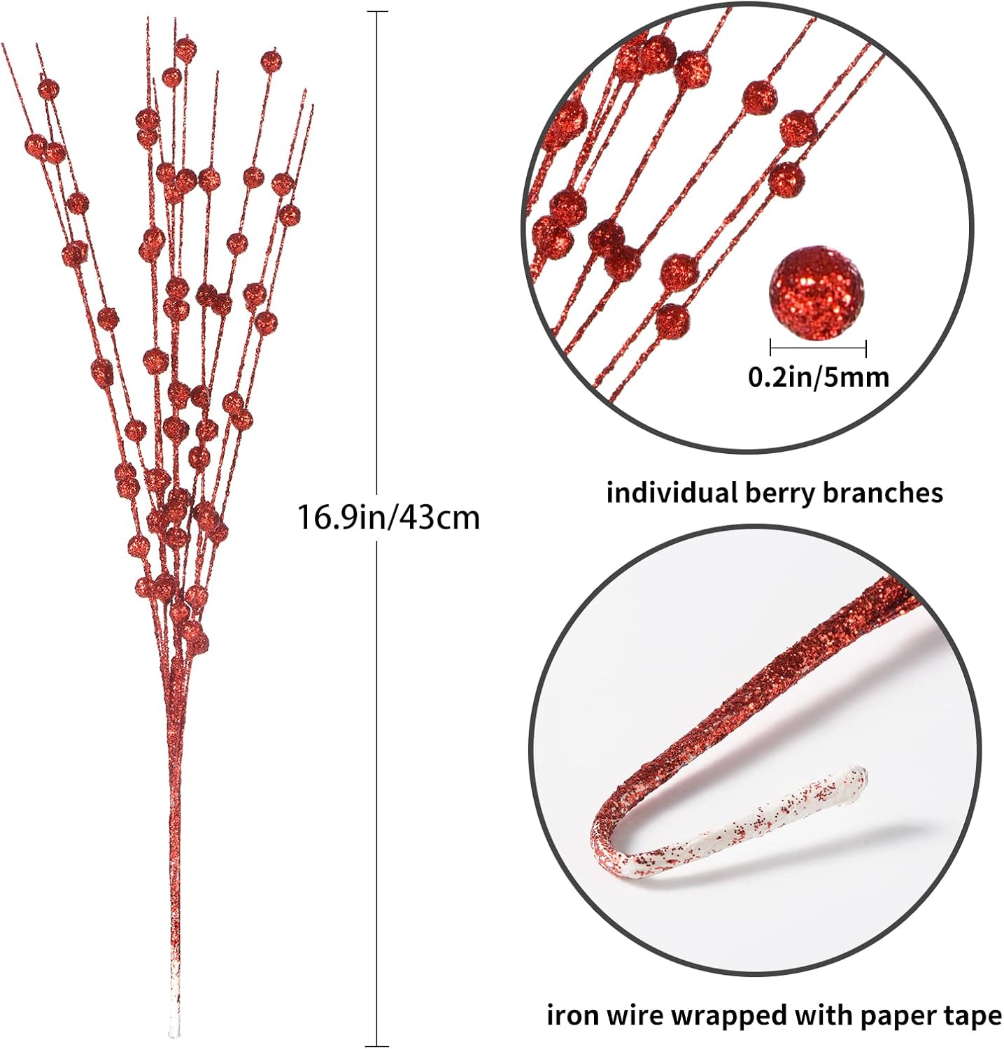Christmas Artificial Glitter Berry Stem Decorations Decorative Bead Sticks Xmas Picks Glittery Twigs Branches for Christmas Tree Wreath Gift Vase