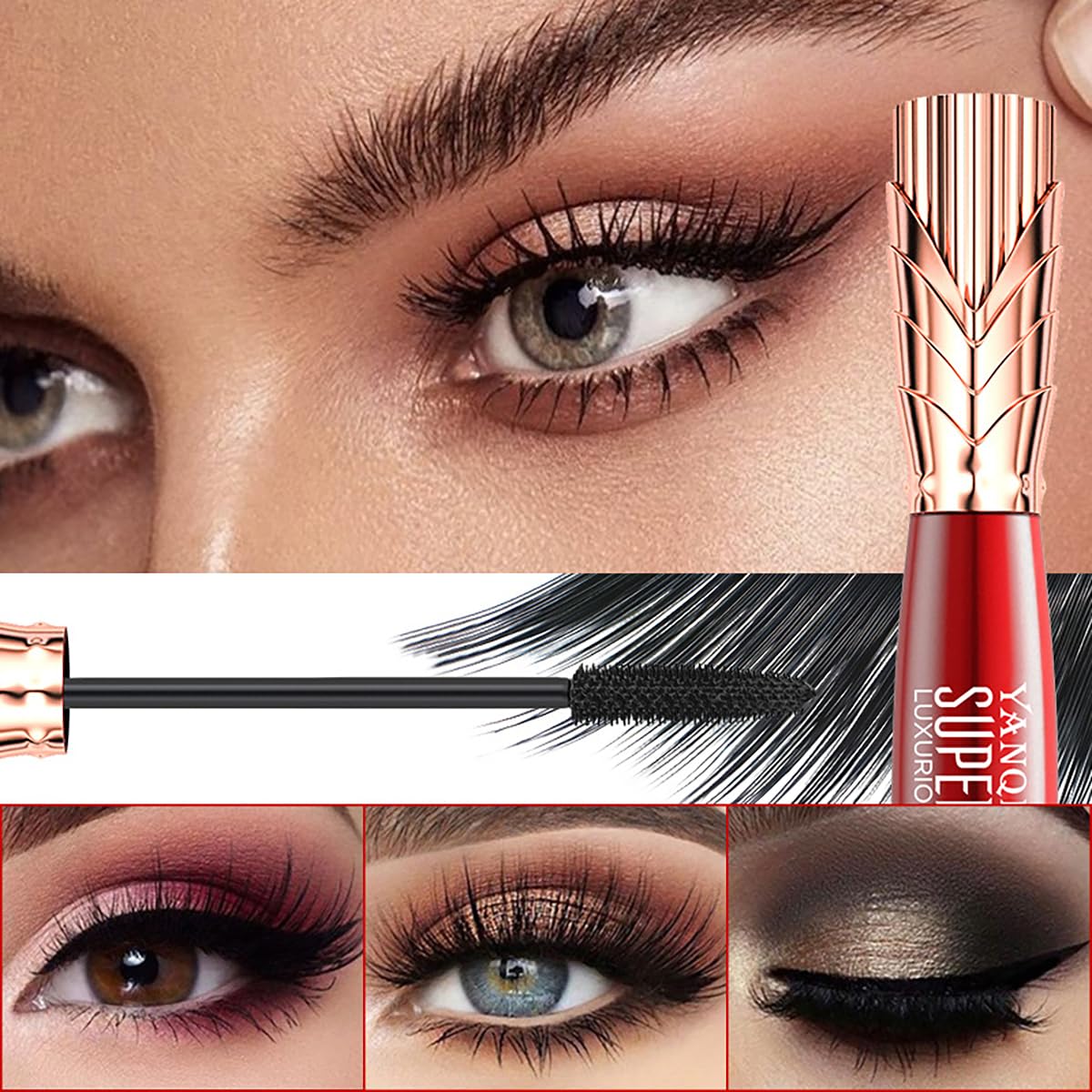 Yanqina – Máscara de pestañas súper larga, 4D, color negro, impermeable, de larga duración, a prueba de manchas, rizado, maquillaje de pestañas,