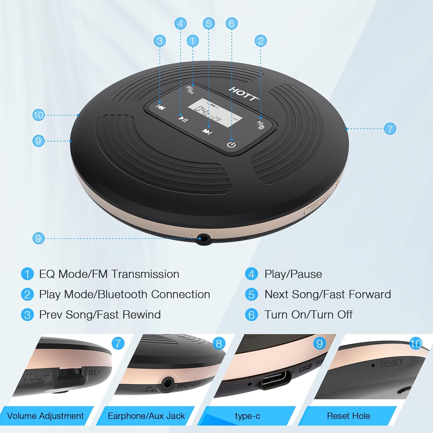 Reproductor de CD portátil con Bluetooth Walkman reproductor de CD Bluetooth con transmisor FM botón táctil y pantalla LCD, reproductor de disco
