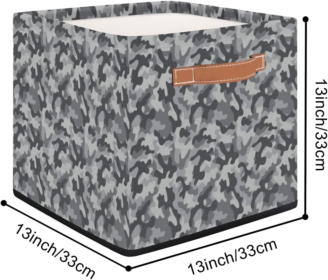 KOBLEN Modern Camouflage Square Storage Basket Collapsible Storage Box Clothes Basket 13×13 Inch Large Cube Storage Bin With PU Leather Handle for