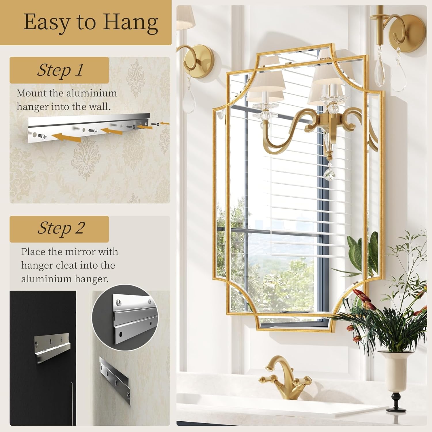 Kelly Miller Espejo de baño dorado para pared, espejo de pared dorado de 20 x 30 pulgadas, espejo de tocador, espejo decorativo para decoración de