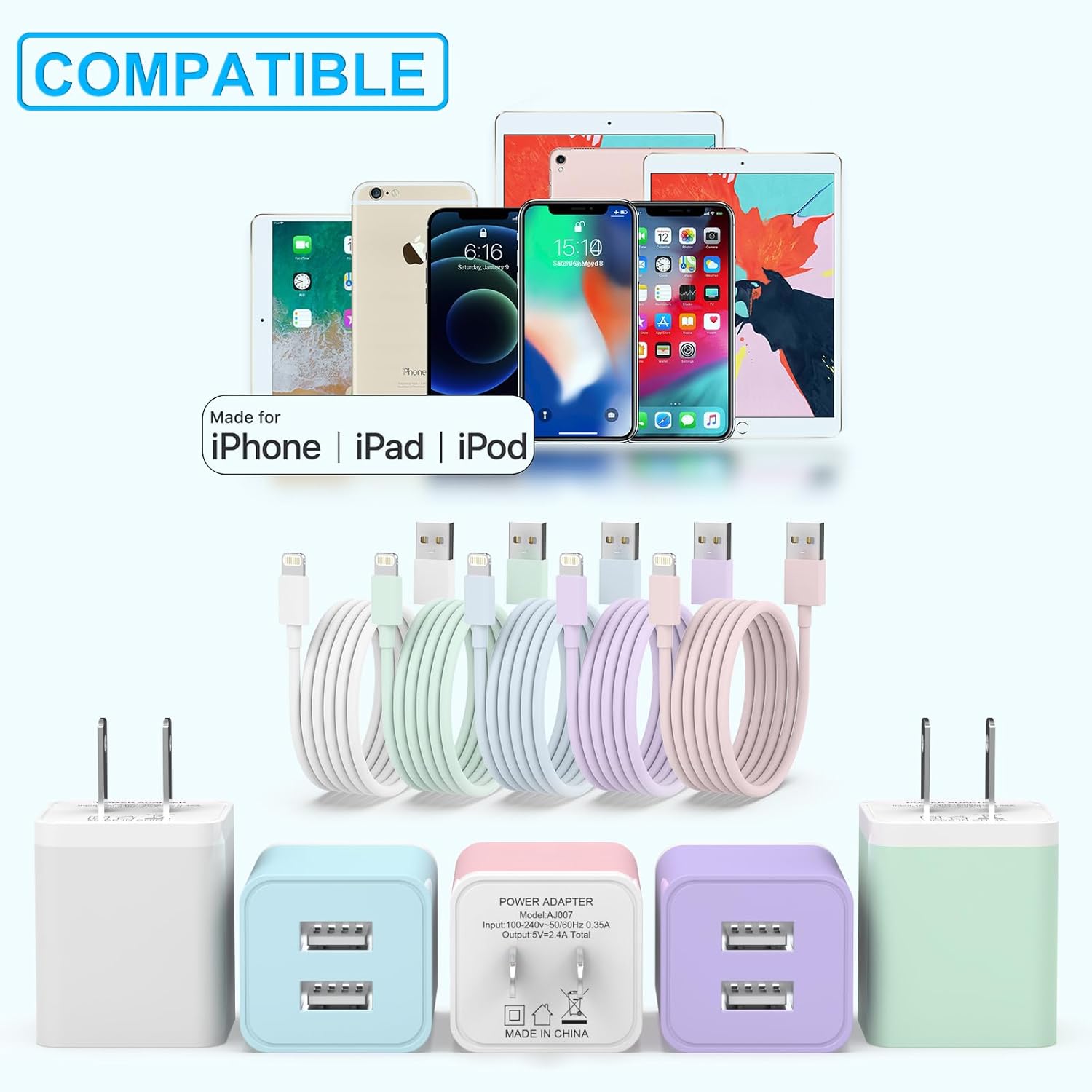 Paquete de 5 cargadores para iPhone certificado MFi, adaptador de bloque de cargador de pared USB de doble puerto con cable Lightning de 6 pies,