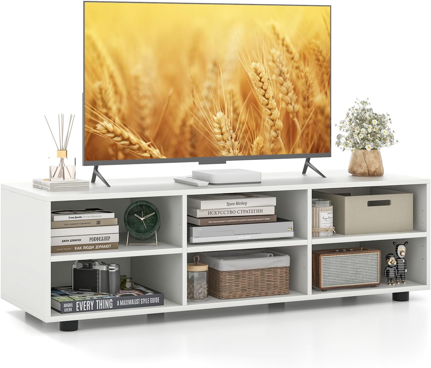 Tangkula Soporte de TV blanco para TV de hasta 55 pulgadas, mesa consola de TV con 6 cubículos, estantes ajustables en 5 posiciones, centro de