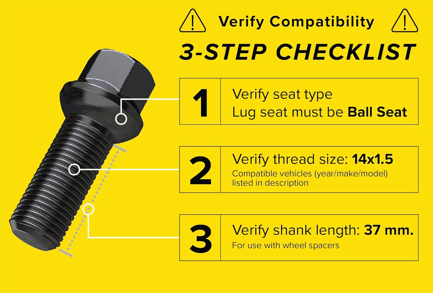 20 pernos negros extendidos de 14 x 1.5 (1.457 in de longitud del vástago – no longitud OEM, asiento de radio de bola) compatibles con Audi TT A3 A4