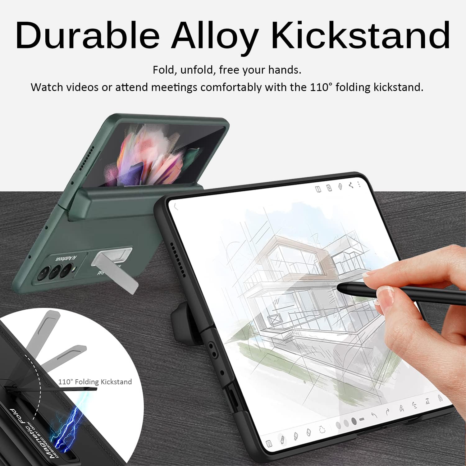 Miimall Funda compatible con Z Fold 3 con soporte para bolígrafo, protector de pantalla Z Fold 3, aleación con función atril magnética, bisagra