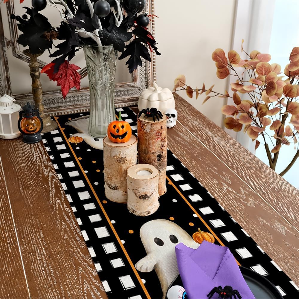 ARKENY Camino de mesa de Halloween de 13 x 48 pulgadas, calabaza, fantasma, arpillera estacional, lunares, granja, interior, cocina, comedor,