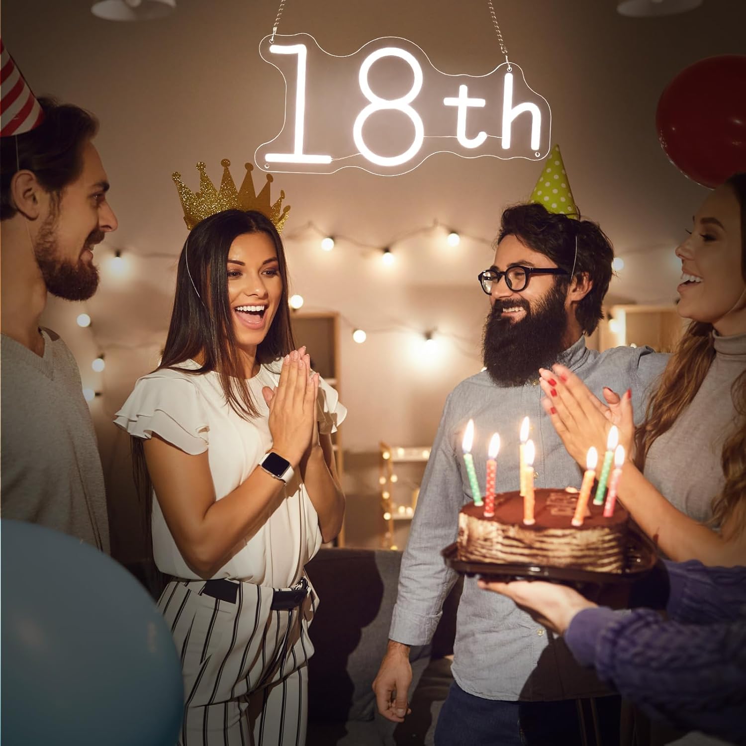 Letrero de neón de feliz cumpleaños para decoración de pared, decoración de cumpleaños de 16, 18, 50, letrero LED con cadenas colgantes para telón