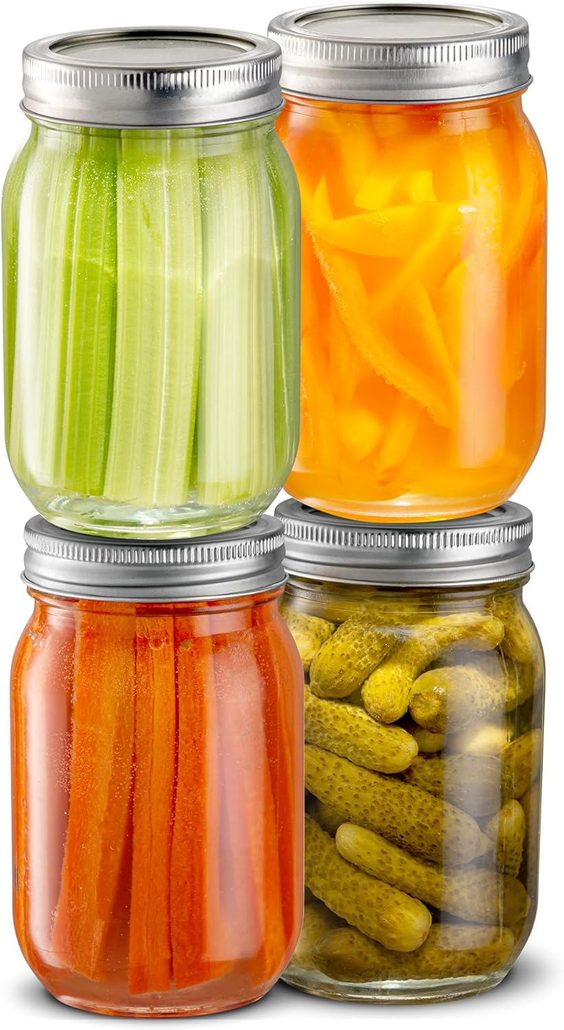 Tarros de vidrio de 16 onzas con tapas y bandas, tarros Mason de boca regular para conservar alimentos, tarros de conservas para jugo, mermelada,