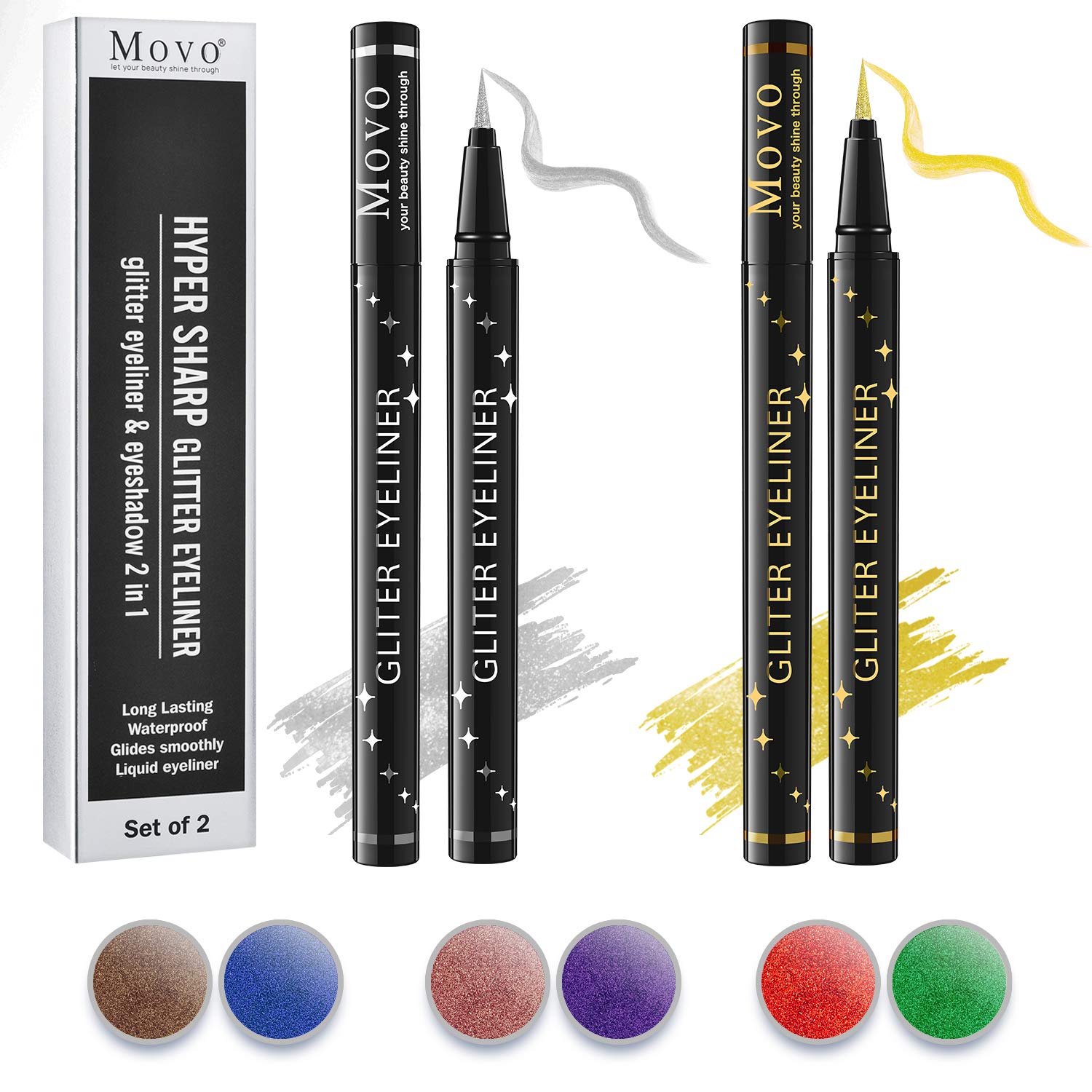 Movo Juego de delineador de ojos y sombra de ojos líquido dorado y plateado 2 en 1, coloridos, suaves e hiperafilados, delineador de ojos líquido,