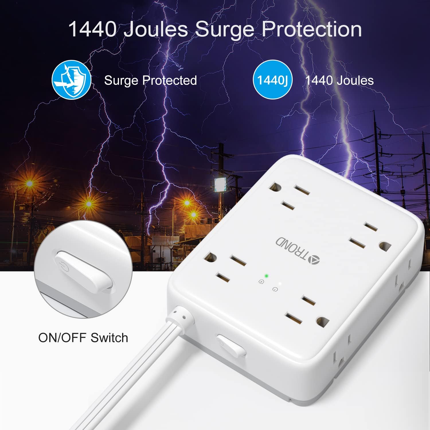 TROND Regleta protectora de sobretensiones con USB, enchufe plano ultrafino, cable de extensión de 5 pies de 1625 W, 3 USB A y 1 USB C, 8 salidas AC