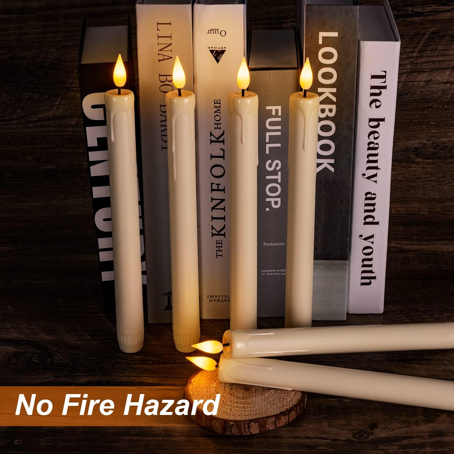 Homemory 12 velas cónicas de plástico sin llama con temporizador remoto, candelabros LED marfil con luz de llama parpadeante, velas cónicas