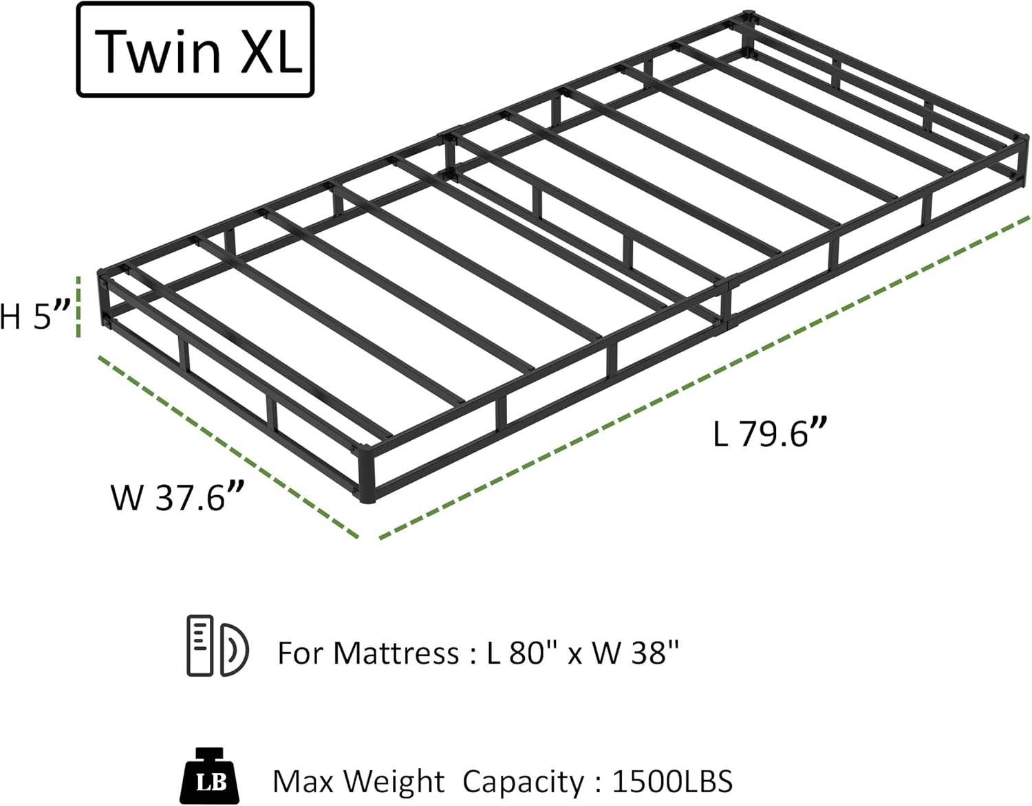 EMODA Base de cama con somier individual XL de 5 pulgadas, base de colchón de metal resistente de 1500 libras con funda de tela, fácil montaje