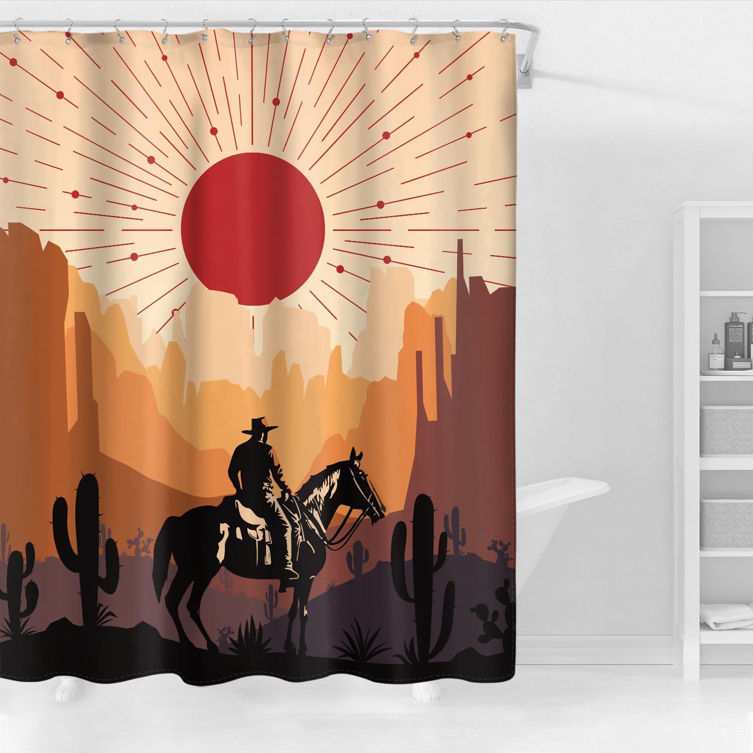 Ufeela Cortina de ducha de vaquero occidental, de 60 pulgadas de ancho x 72 pulgadas de alto, abstracto, bohemio, puesta de sol, cactus, paisaje
