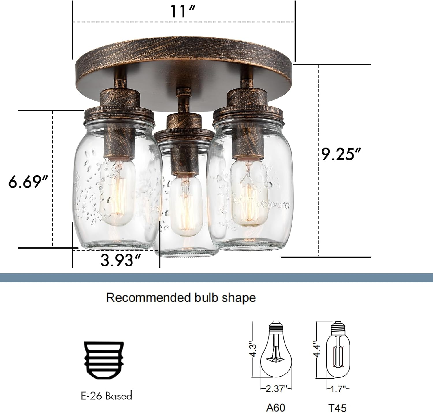 CLAXY Mason Jar – Lámpara de techo de 3 luces estilo granja de montaje empotrado para cocina, dormitorio, comedor, color negro con latón cepillado