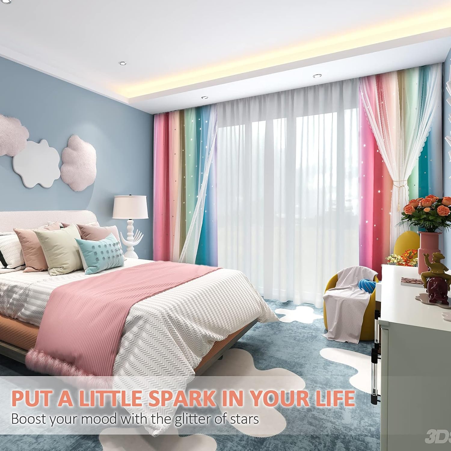Stiio Cortinas opacas para niños, 2 paneles, con diseño de rayas degradadas con estampado de arco iris, bloqueo de luz, tratamiento de ventana para