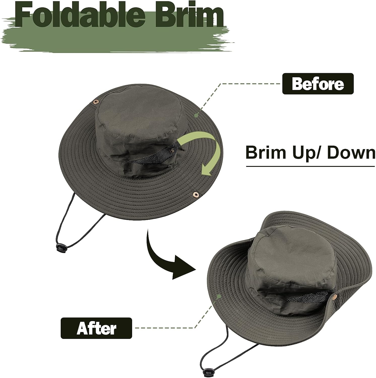 Sombreros de sol para hombre, sombrero de pesca de ala ancha, sombrero de safari con doble capa de malla transpirable, diseño de ala plegable,