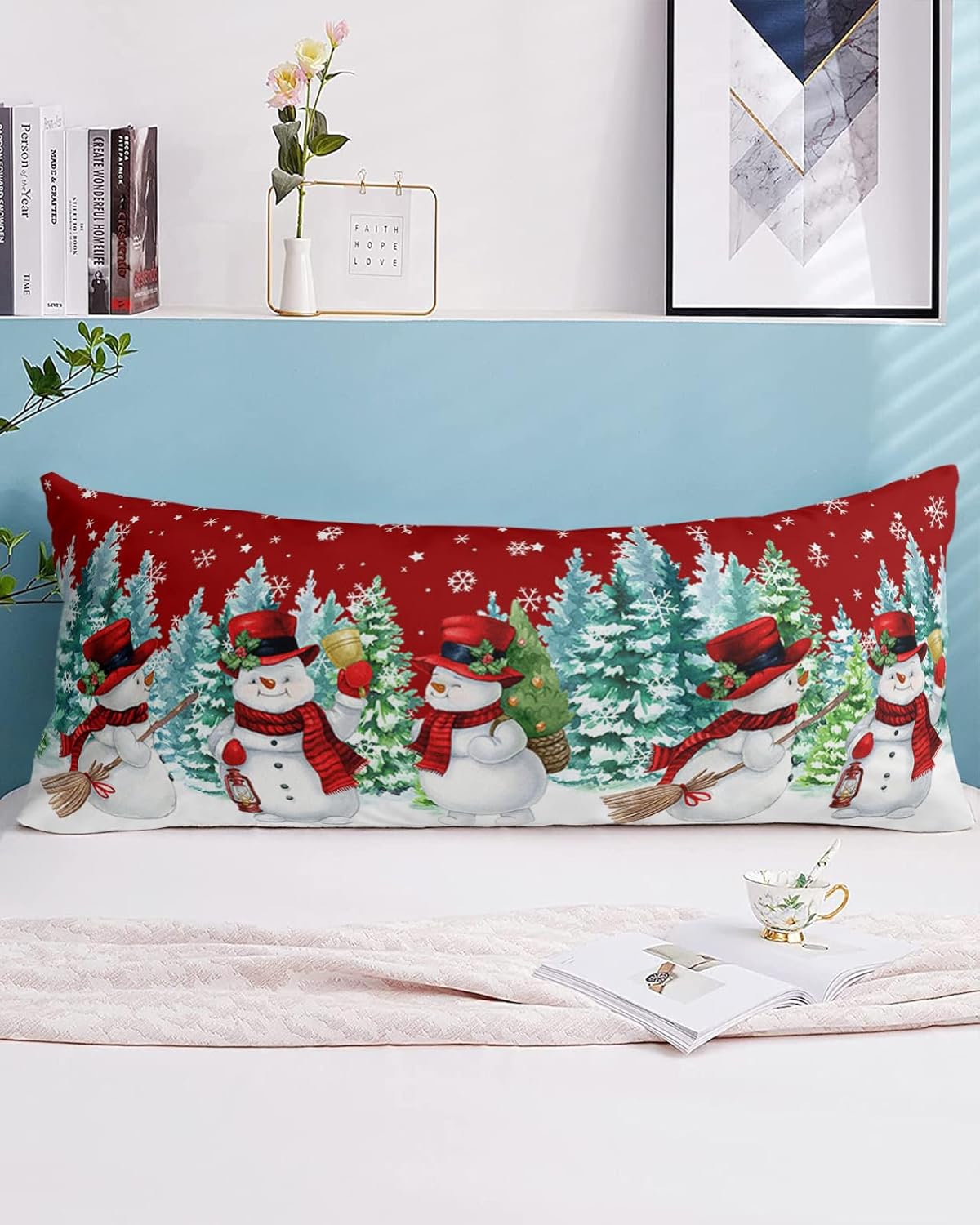Funda de almohada con cuerpo de muñeco de nieve rojo, fundas de almohada suaves decorativas de lujo para sofá largo lumbar con cierre de sobre,
