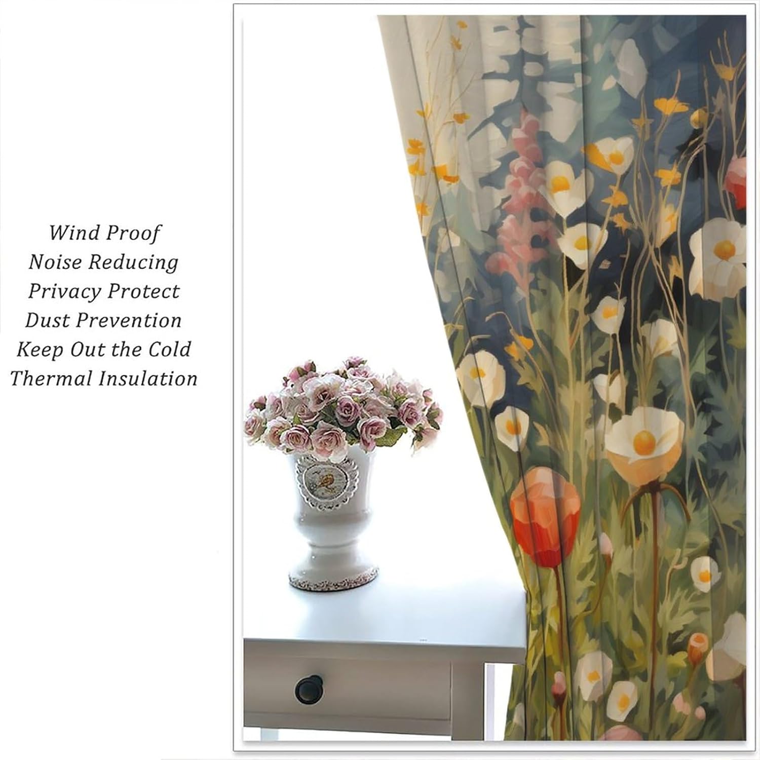Cortinas florales, panel de cortina de flores silvestres de acuarela para primavera y verano, cortinas de ventana de plantas naturales con ojales
