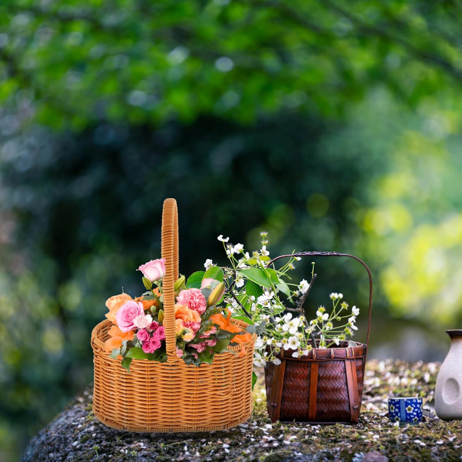 UPKOCH Cesta de picnic, cesta de almacenamiento, cesta de frutas, cesta decorativa para flores, cesta tejida a mano, cesta de comestibles de mano,